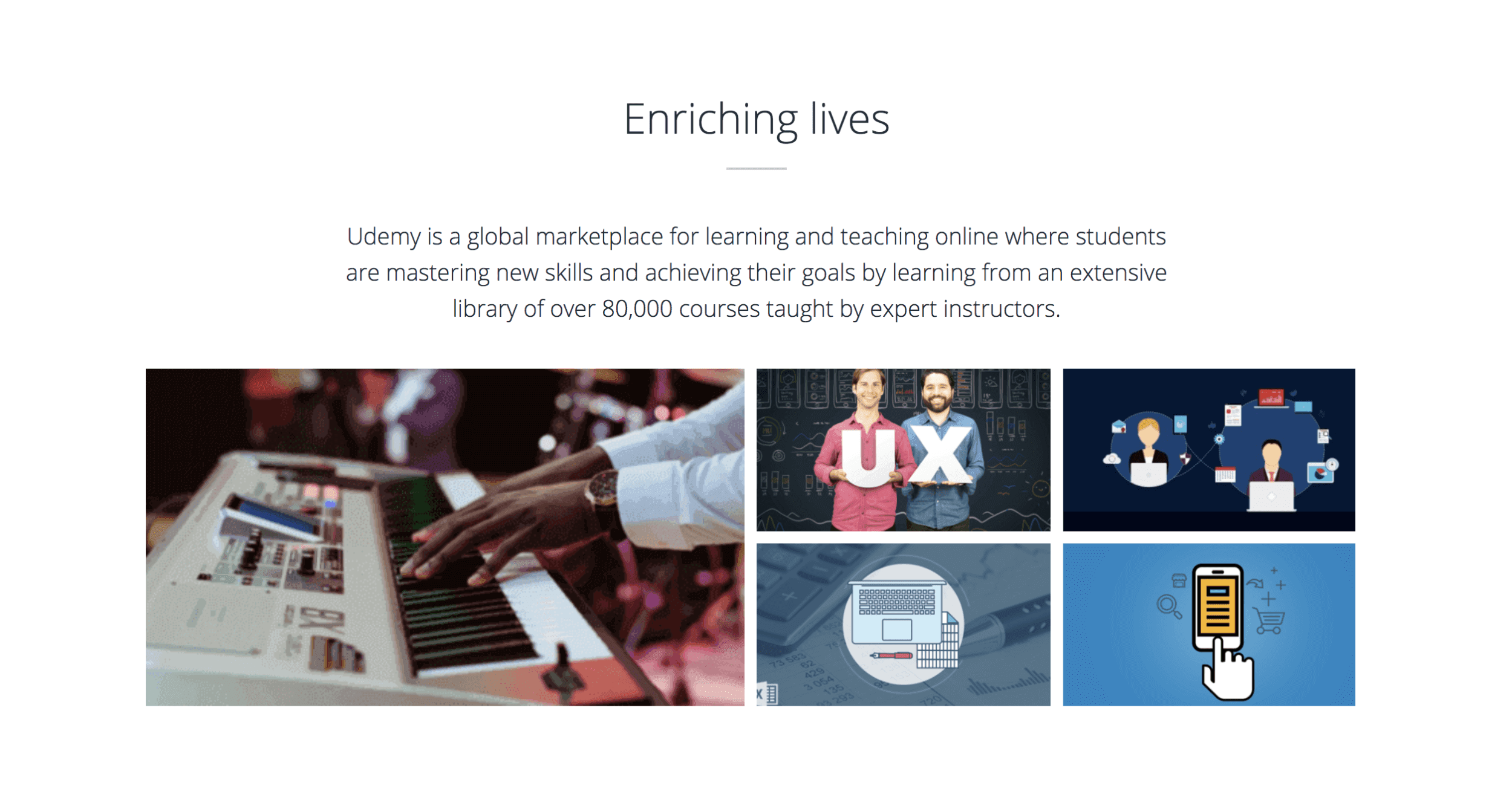 Screenshot from the Udemy website with the title 'Enriching lives' in which Udemy markets its courses as being taught by expert instructors